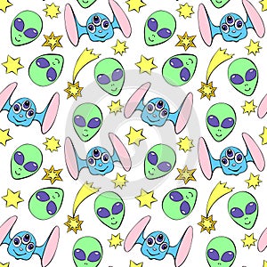 Seamless pattern with funny Aliens heads, stars in doodle flat style. Humanoids, visitors, Martians. Vector cute texture