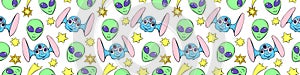 Seamless pattern with funny Aliens heads, stars in doodle flat style. Humanoids, visitors, Martians. Vector cute texture