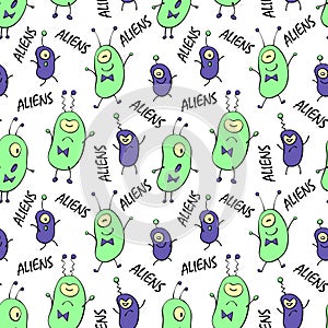 Seamless pattern with funny Aliens, inscriptions in doodle flat style. Humanoids, Martians, insects. Vector background