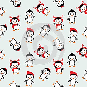 Seamless pattern with funny baby penguins for festive design