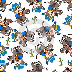 Seamless pattern of funny bear the cowboy riding a brown horse in the desert, T-Shirt Design for children. Vector childish