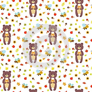 Seamless pattern with funny bears and bees.