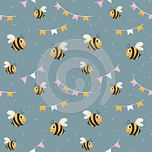 Seamless pattern, funny bees and garlands with flags on a blue background. Children's holiday textile, print