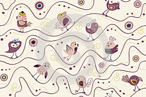 Seamless pattern with funny birds and flowers in scandinavian style.