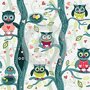 Seamless pattern with funny birds and flowers in scandinavian style.