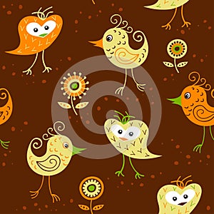 Seamless pattern with funny birds and flowers in scandinavian style.