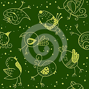 Seamless pattern with funny birds and flowers in scandinavian style.