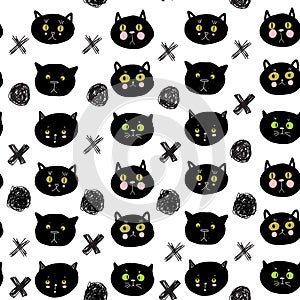 Seamless pattern funny black cat face isolated on white background. simple ornament, Can be used for Gift wrap, fabrics,