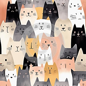 Seamless pattern with funny cartoon cats. Repetition tecture, textile fabric, watercolor style. Generative AI