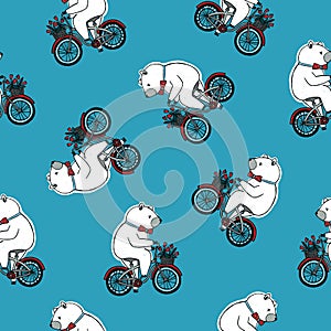 Seamless pattern with funny cartoon circus bear wearing bow tie and riding bicycle with front basket full of red tulip