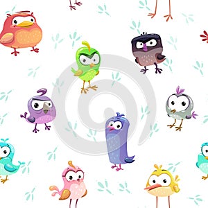 Seamless pattern with funny cartoon comic birds