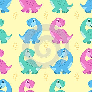 Seamless pattern with funny, cartoon dinosaurs. Vector