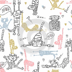 Seamless pattern with funny cats in cute style. Vector