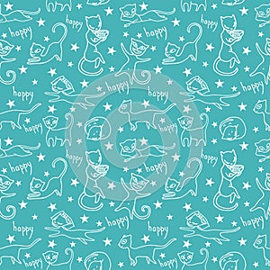 Seamless pattern with funny cats, inscriptions and stars.