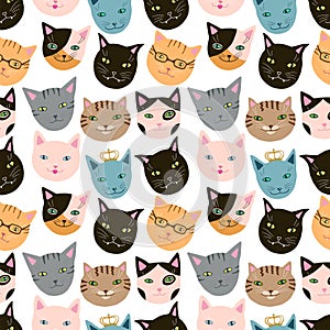 Seamless pattern with funny cats muzzles set. Hand drawn cute kittens head clip art.