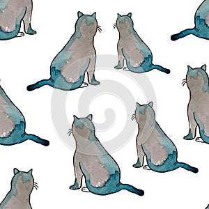 Seamless pattern. Funny cats with watercolor texture.