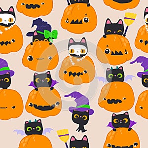 Seamless Pattern with Funny Cats wearing Halloween Costumes and sitting in Pumpkins