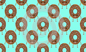 Seamless pattern with funny character donut with frosting, vector illustration in cartoon style. Cute smiley fresh donut