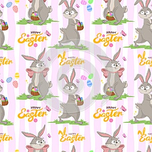 Seamless pattern with funny cheerful bunnies with basket with Easter eggs and happy easter inscription. Spring character wrapping