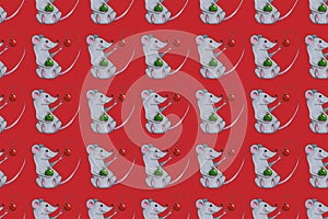 Seamless pattern with funny Christmas mice. Hand drawn illustration with alcohol-based markers.