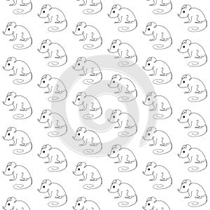 Seamless pattern with funny Christmas mice. Outline hand drawn illustration Continuous outline drawing.