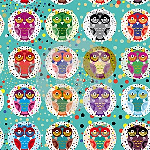 Seamless pattern with funny colored owls on a turquoise background.