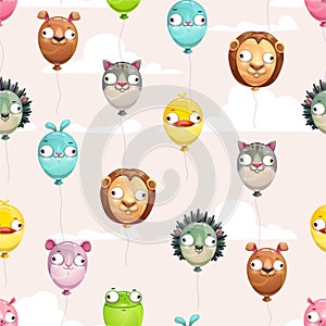 Seamless pattern with funny colorful flying balloons with crazy animal faces on the cloudy sky background.