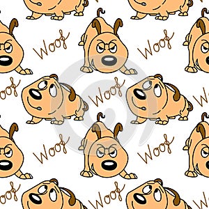 Seamless pattern, funny comical dogs and the word Woof on a white background. Baby background, textile, print