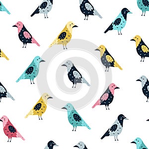 Seamless pattern with funny crows. Forest background with cute birds