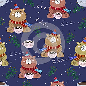 Seamless pattern with funny cute bears. Christmas decor. Vector