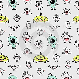 Seamless pattern with funny cute cartoon monsters