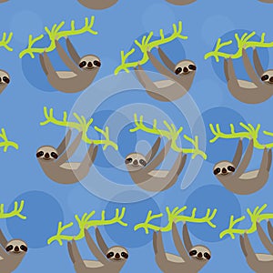 Seamless pattern funny and cute smiling Three-toed sloth on green branch tree creeper, blue trendy background. Vector