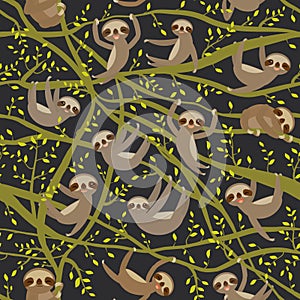 Seamless pattern funny and cute smiling Three-toed sloth on green branch tree creeper, darck green trendy background. Vector