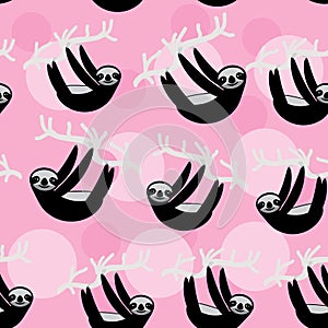 Seamless pattern funny and cute smiling Three-toed sloth on grey branch tree creeper, pink trendy background. Vector