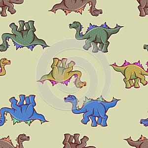 Seamless pattern of funny, cute, winged dinosaurs on a colored background.