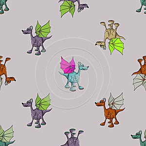 Seamless pattern of funny, cute, winged dinosaurs on a colored background.