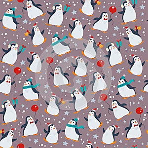 Seamless pattern with funny different penguin characters in hats with balloons isolated.