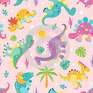 Seamless pattern with funny dinosaurs. Vector illustration