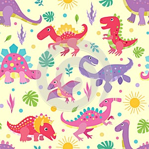 Seamless pattern with funny dinosaurs. Vector illustration