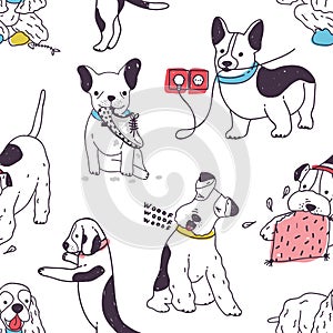 Seamless pattern with funny dogs demonstrating bad habits and disobedient behavior. Backdrop with naughty domestic