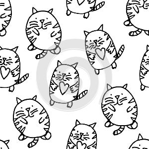 Seamless pattern with funny doodle cats with heart in paws. Outline contour hand-drawn illustration. Vector black and white print