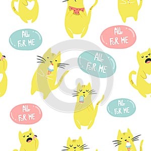 Seamless pattern with funny eating egoist cat photo