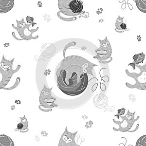 Seamless pattern with funny fat cats in monochrome colors on a white background