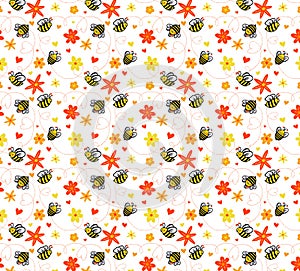 Seamless pattern Funny Flying Bumble Bees with colorful summer flowers