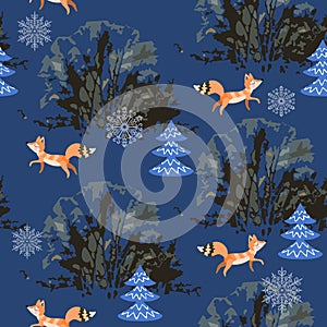 Seamless pattern with funny foxes in winter forest. Print for fabric
