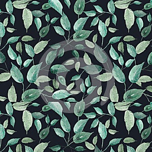 Seamless pattern of funny green leaves on an evening darkblue background