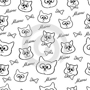 Seamless pattern with funny hand drawn cats. Animals vector illustration with adorable kittens. Tillable background for