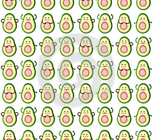 Seamless pattern funny of happy smiling avocado. Vector flat. Isolated on white background. The concept of a healthy lifestyle.