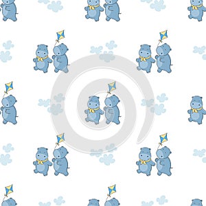 Seamless pattern with funny hippos and a kite.