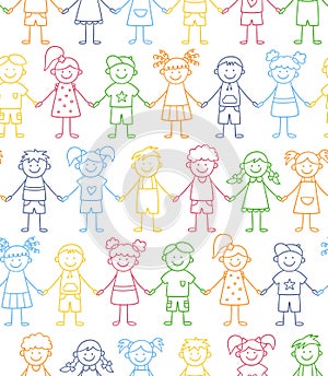 Seamless pattern of funny kids holding hands. Friendship concept. Happy cute doodle children